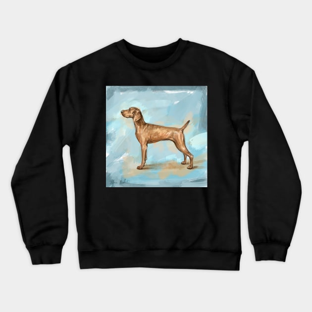 Painting of a Cute Weimaraner Standing and Looking to the Left. Blue Background Crewneck Sweatshirt by ibadishi